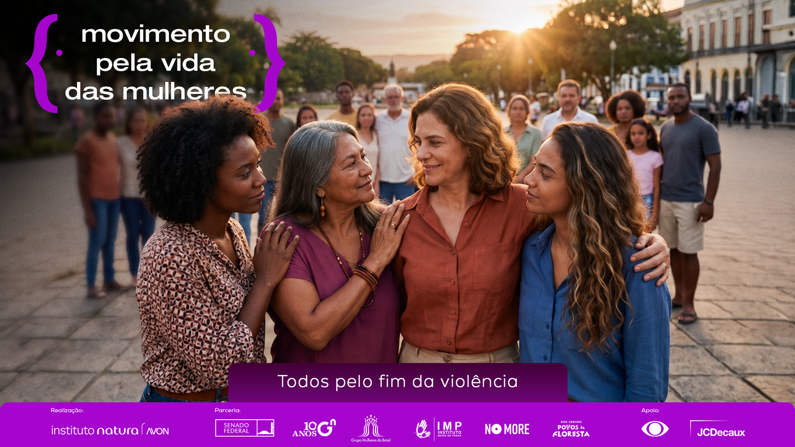 Peça oficial do Movimento: mulheres abraçadas em uma praça com a mensagem Todos pelo fim da violência