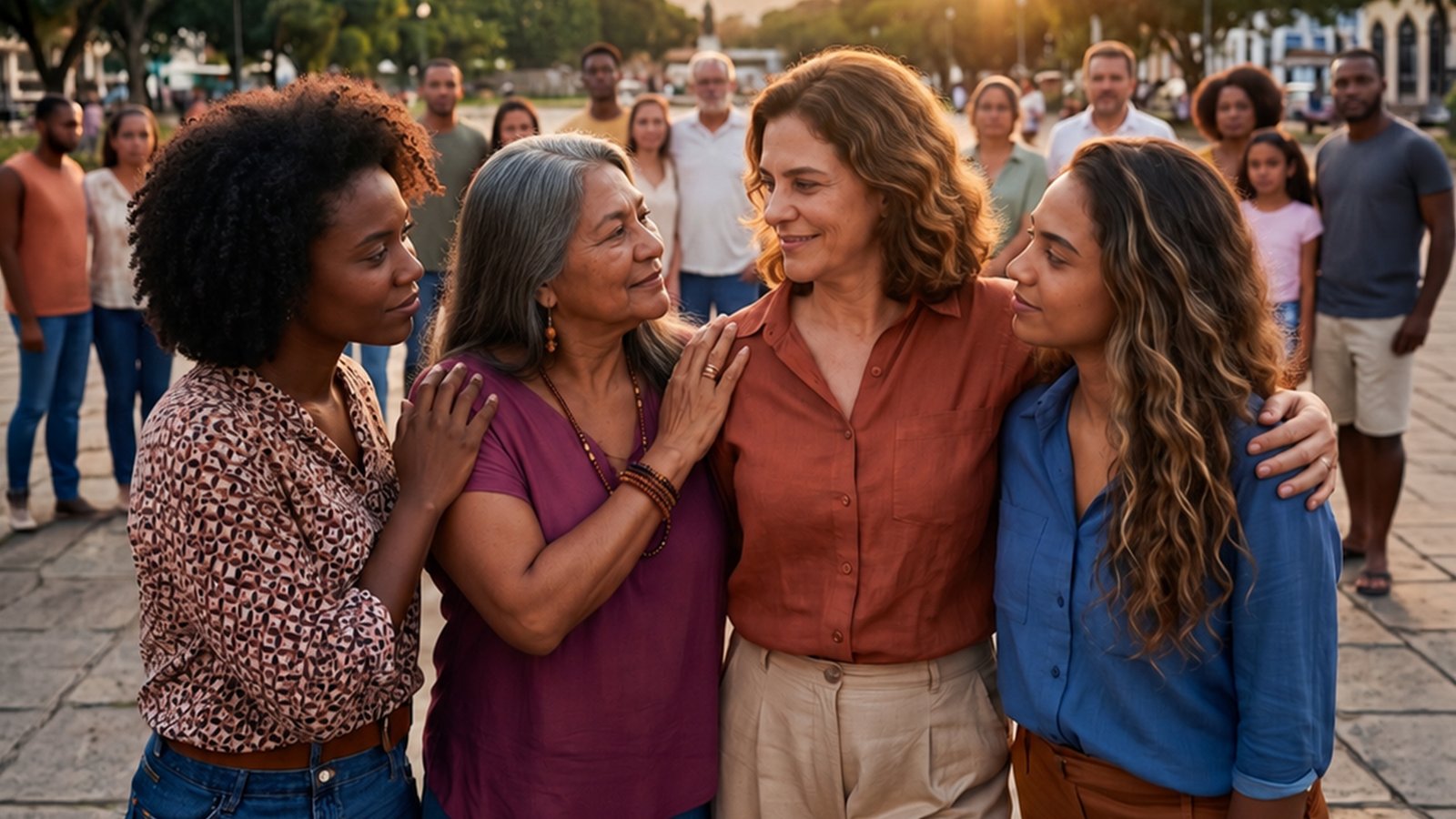 Mulheres de diferentes gerações abraçadas em uma praça, ao entardecer