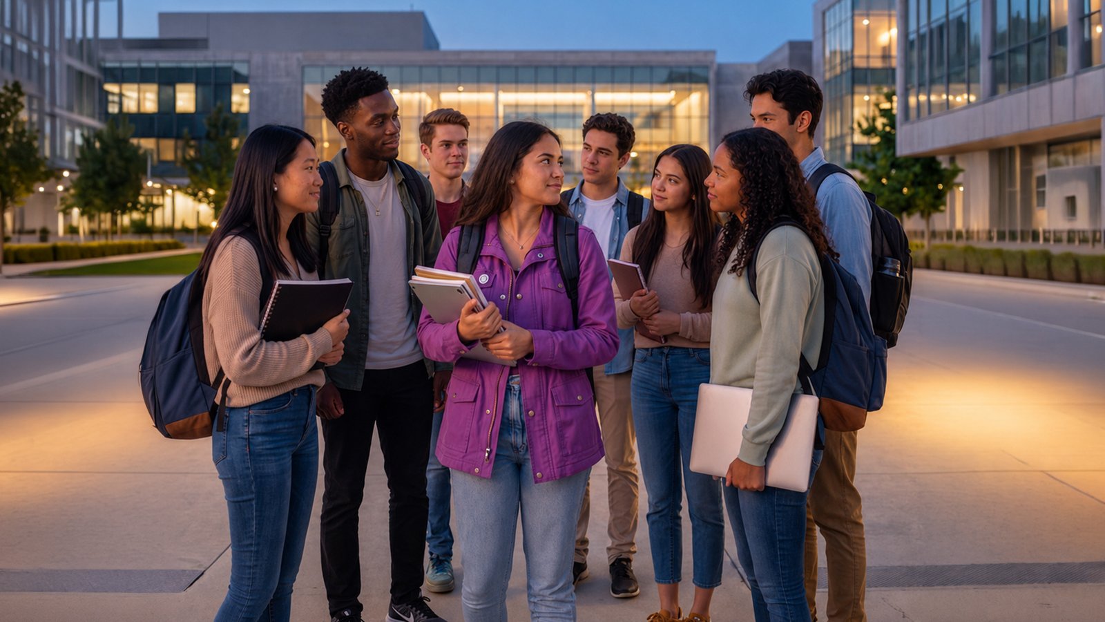 Grupo de jovens estudantes reunidos em frente à universidade